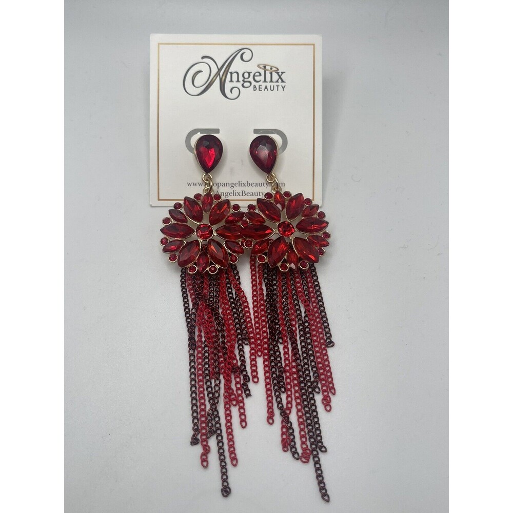 Angelix Beauty Red Rhinestone Chain Tassel Statement Earrings New